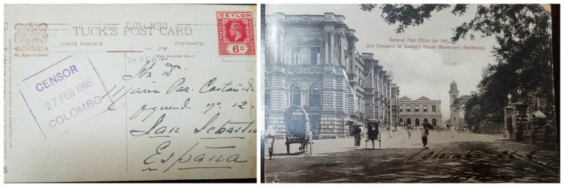 O) 1916 CEYLON. KING GEORGE V 6c, POST OFFICE AND ENTRANCE TO QUEEN'S HOUSE POST