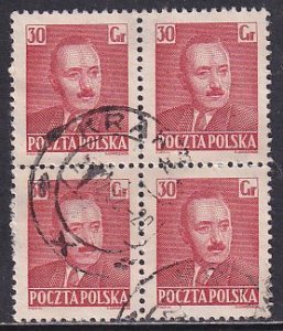 Poland 1950 Sc 493A President Bierut Block of 4 Stamp Used
