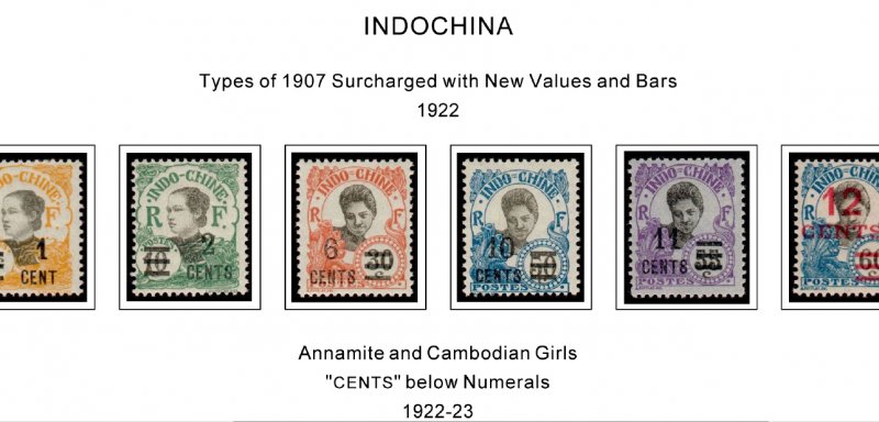 COLOR PRINTED INDOCHINA 1889-1949 STAMP ALBUM PAGES (35 illustrated pages)