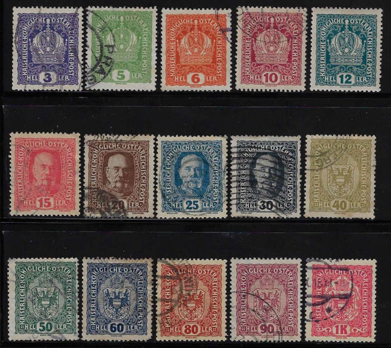 Austria #145-59 Used; Set of 15 (1916-18)