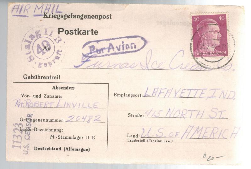 1944 Germany POW Camp Airmail Cover Stalag 2B Prisoner of War Lafayette IN USA