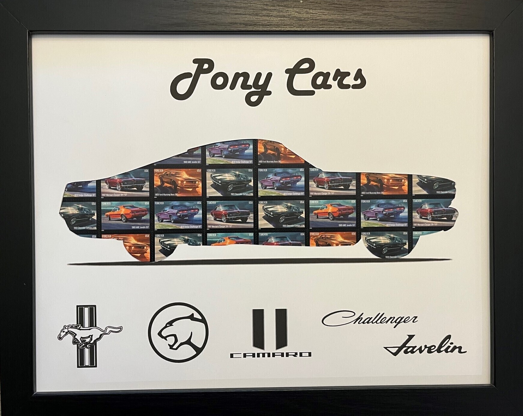Original Stamp Art USPS Pony Cars Issue stamp sheets in a Mustang