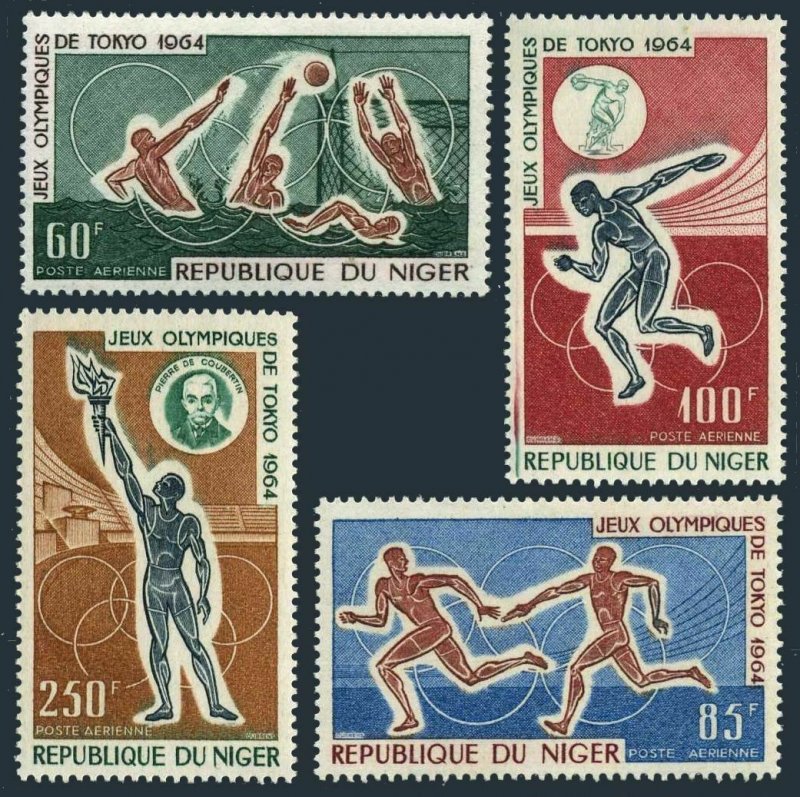 Niger C45-C48,C48a,MNH.Michel 79-82,Bl3.Olympics Tokyo-1964.Pierre de Coubertin,