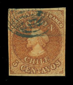 CHILE 1854 COLUMBUS 5c burnt sienna - Wmk.FA5-3(R)  Scott # 4 used XF-SUP