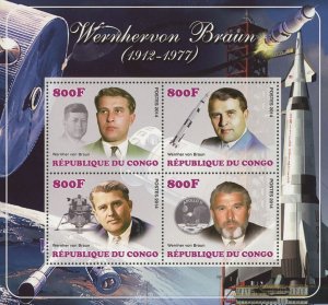 Wernher Von Braun Space Astronaut Satellite Congo Souvenir Sheet of 4 Stamps MNH