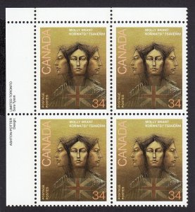 INDIAN * MOHAWK NATIVE LEADER MOLLY BRANT = Canada 1986 #1091 MNH UL BLOCK OF 4