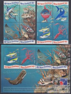 NEW ZEALAND Sc # 1542,46a -b MNH CPL BLOCKS of EA, S/S of 4 ALL DIFF MARINE LIFE