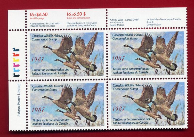 Van Dam FWH3c - Block of 4 - 1987 Canada Geese - PRISTINE BLOCK