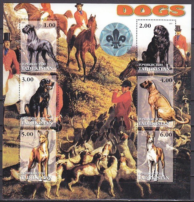 Tadjikistan, 2001 Russian Local. Dogs sheet of 6 with Scout Hologram. ^