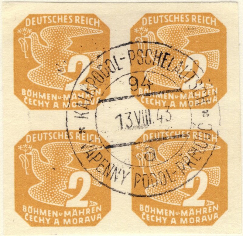 BÖHMEN u. MAHREN 1943 KALKPODOL-PSCHELAUTSCH TPO n°94a bilingual CDS on 4xMi.117