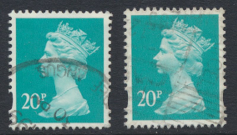 GB  Machin 20p Y1684 2 bands pair showing Phosphors Used  SC# MH210 details s...