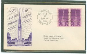 US 852 1939 3c Golden Gate International Exposition (pair) on an addressed first day cover with a Grimsland cachet.