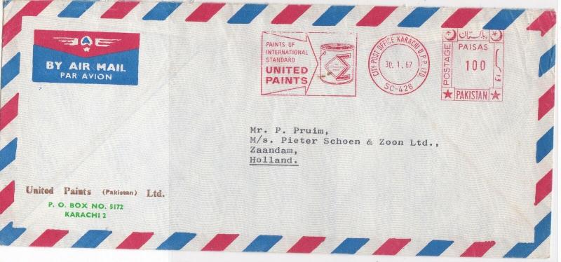 Pakistan 1967 United Paints Slogan Airmail Meter Mail Stamps Cover Ref 29331