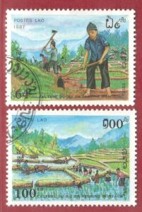 LAOS STAMPS SC# 832+833  *CTO* 1987 64k+100k  CULTAVATING RICE  SEE SCAN