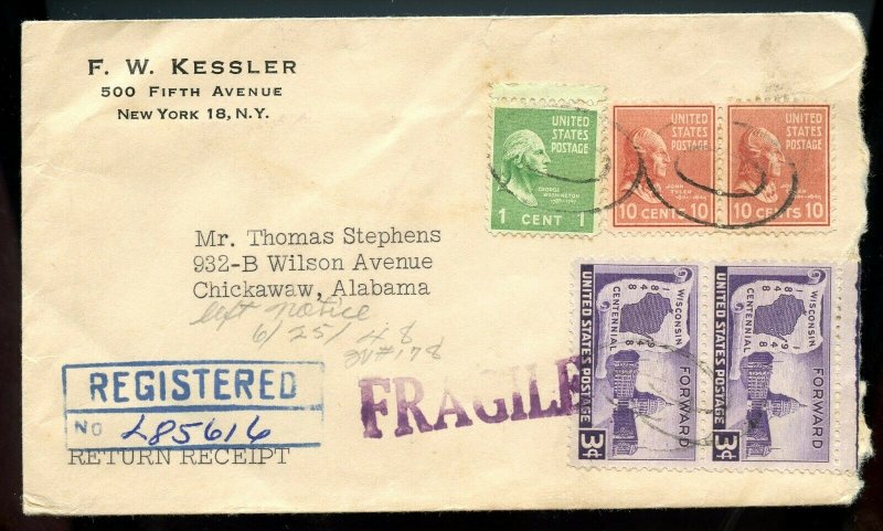 U.S. Scott 815 (2) and 804 Prexies and Scott 957 on Registered Ret. Rcpt. Cover