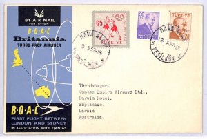 TURKEY Air Mail Cover BOAC BRITANNIA FIRST FLIGHT AUSTRALIA 1957 Yeşilköy YT230