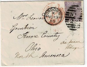 Great Britain 1869 London cancel on cover to the U.S., SG 108, Scott 51