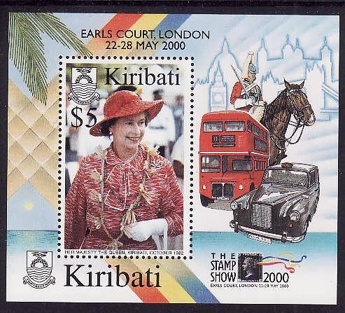 Kiribati-Sc#762-Unused NH sheet-QEII-The Stamp Show London 2000-