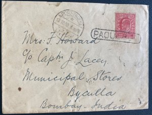 1909 Port Taufiq Paqueboat England Cover To Bombay India