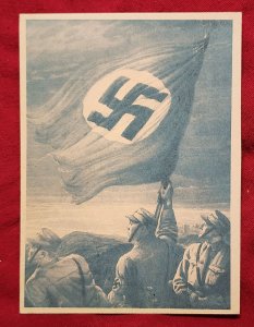 Nazi Germany SA Stormtroopers w flag banner propaganda postcard 1943 WW2 WWII