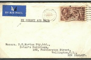 GB HIGH VALUES 2s6d SEAHORSE *Direct Air Mail* Flight Cover New Zealand 1935 Y99 