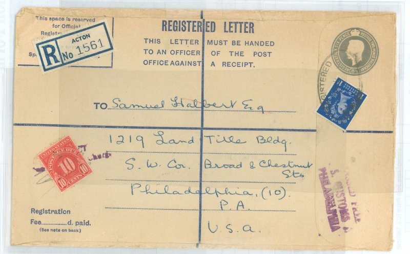 Great Britain  1955 8 1/2d grey registered envelope, size H.  Faint edge toning on reverse, postage due.