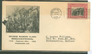 US 651 1929 2c George Rogers Clark/Battle of Vincennes on an addressed (typed) FDC with an unofficial FD cancel (Lawrenceville,