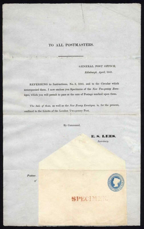 PN4 April 1841 Postal Notice with 2d Envelope opt SPECIMEN cat 3800 pounds