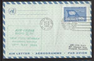 UNITED NATIONS NEW YORK 1960 10c Aerogramme FFC AIR INDIA to BOMBAY Sc UC4
