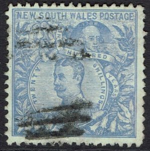 NEW SOUTH WALES 1890 CARRINGTON 20/- WMK 20/- NSW IN CIRCLE PERF 12 USED 