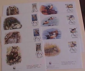 WILDLIFE FINLAND ALAND OWL,DUCK  FDC 8 DIFF.  CACHET   1996,2001