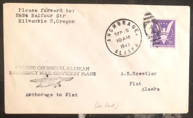 1943 Anchorage Alaska USA Emergency Airmail Service Cover To Flat Victory Stamp