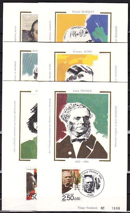 France, Scott cat. B642-B647. Various Composers on 6 Silk Cachet Max. Cards. ^