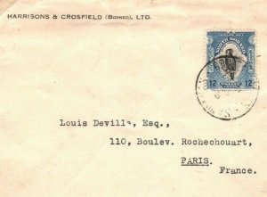 NORTH BORNEO Cover 12c Correct Rate Commercial Paris{samwells}BIRDS 1938 W204a