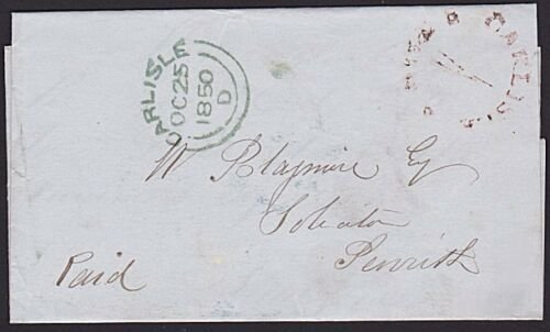 GB 1850 Folded entire CARLISLE / 1 / PAID in red to Penrith.................6423 