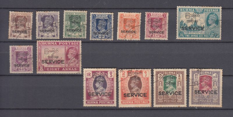 J48222 J L Stamps, 1947 burma set usedl #o43-o55 ovpt,s, nice condition