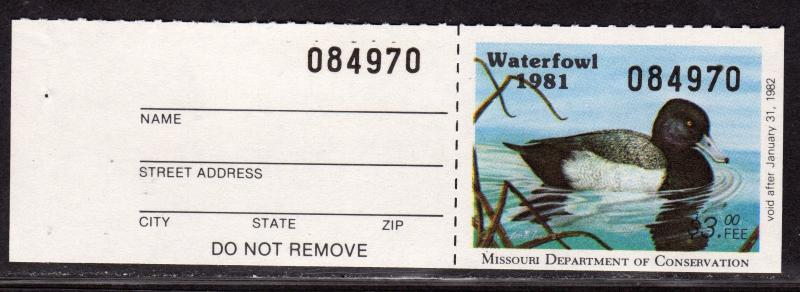 $US State Duck stamp Missouri Sc#3 M/NH/VF, with tab, Cv. $65