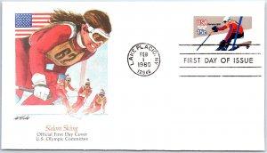 US FLEETWOOD CACHETED FIRST DAY COVER OLYMPIC SLALOM SKIING LAKE PLACID 1980