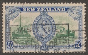 New Zealand, stamp, scott#253,  used, hinged,  5D,  blue, ship