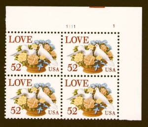 US Sc # 2815 Plate Block Of 4 Stamps MNH, Love Dove Flowers