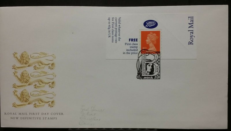 GB 1994 Machin 1st Class Stamp Boots Label FDC Nottingham SHS 