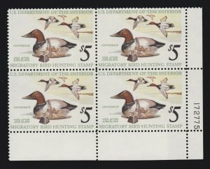 US RW42 1975 $5 Duck Stamp Mint LR Plate #172775 Block of 4 XF OG NH SCV $65