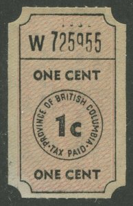 CANADA REVENUE BRITISH COLUMBIA 1¢ SOCIAL SECURITY AND MUNICIPAL AID TAX TICKET