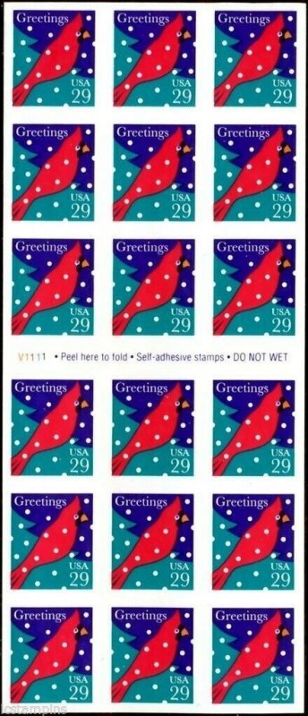 Holiday Cardinal Pane of Eighteen 29 Cent Postage Stamps Scott 2874a