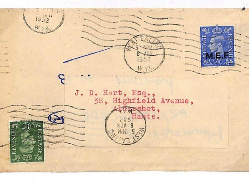 DA328 GB Cover 1952 KGVI *MEF*Overprint Accepted Internal Postage RE-USED Ealing