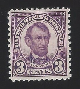 1923 3c President Abraham Lincoln, Civil War, Violet Scott 555 Mint F/VF NH