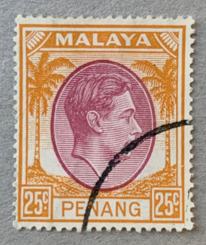 Malaya Penang 1949 25c KGVI, used. Scott 16, CV $1.25. SG 16