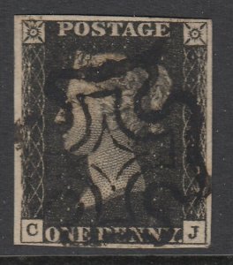 SG 2 1d Black plate 8 lettered CJ very fine used with a black maltese cross. 4 m 