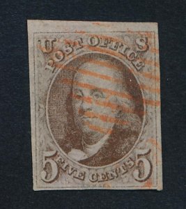 U.S.1 USED 4 MARGIN LIGHT CANCEL 5c BEN FRANKLIN