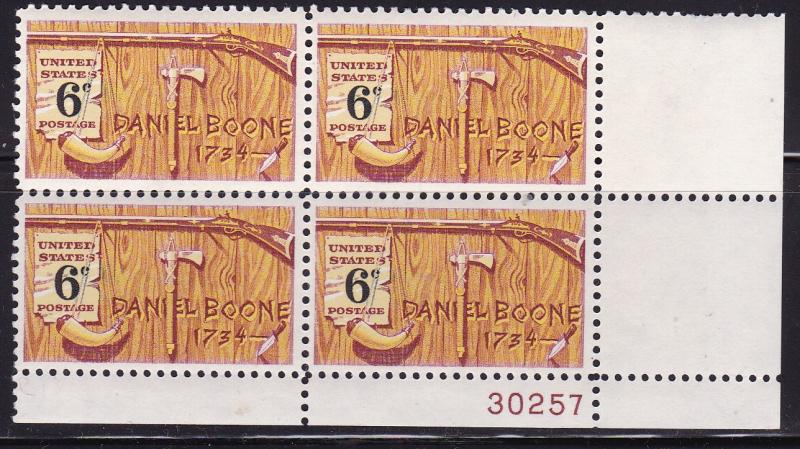 United States 1968 Daniel Boone  Issue Plate Number Block VF/NH